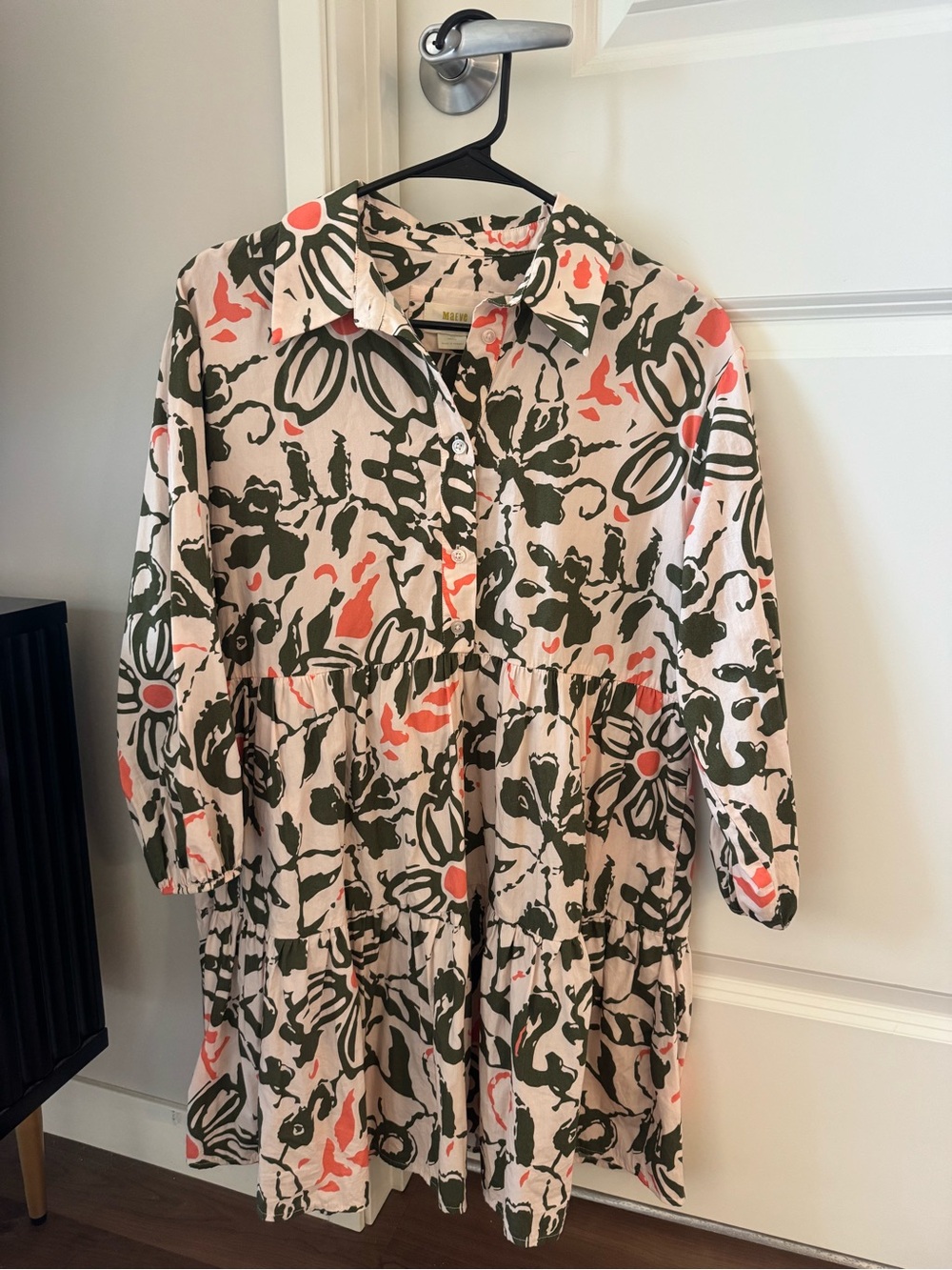 Maeve Floral Button-Front Long Sleeve Dress in Cream, Olive & Coral